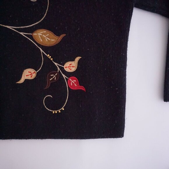 Vintage Crystal Kobe Black Embroidered Harvest Leaves Button Cardigan Sweater L - Picture 6 of 11